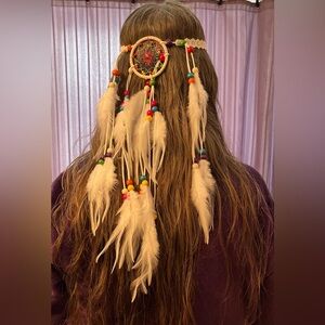 Bohemian Hippie Dreamcatcher Headband with Cascading Feathers & Beads. OS. NWT.